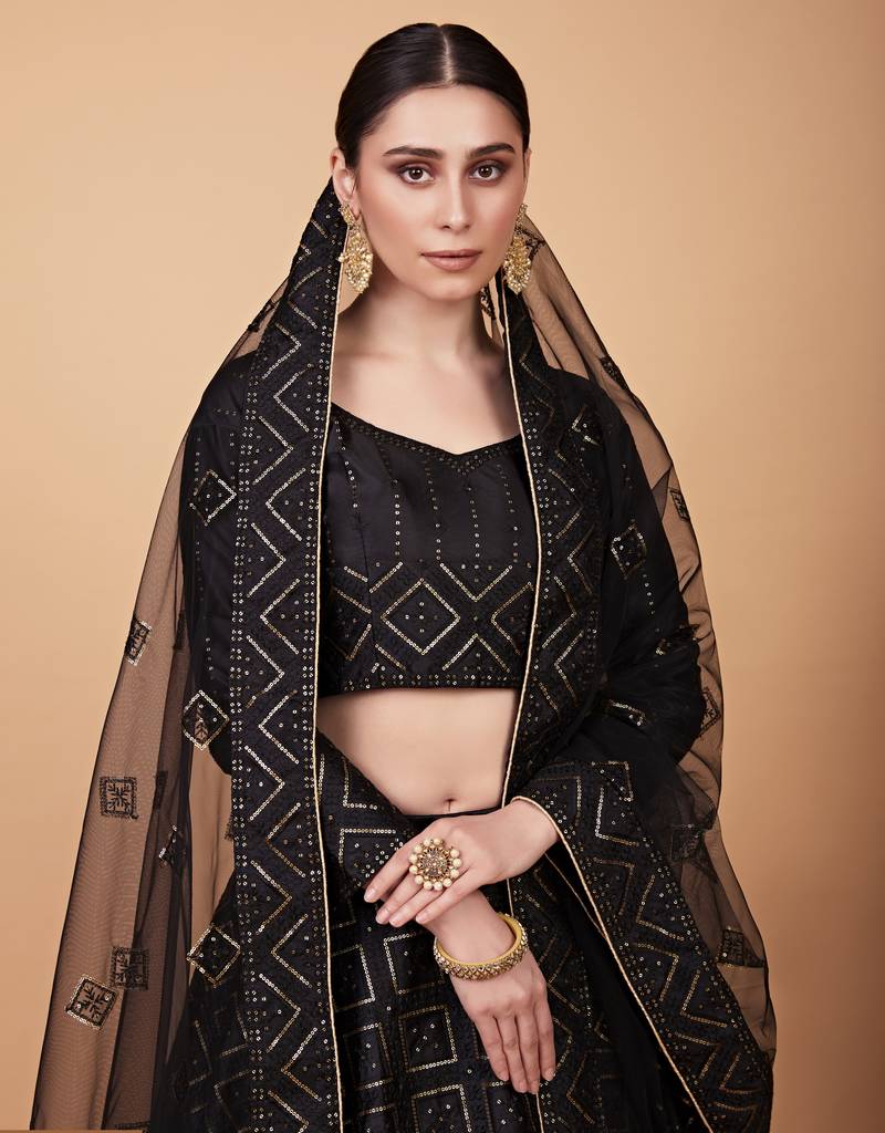 Bewitching Black Sequins and Thread Embroidered Tebi Silk Lehenga choli for bride