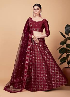 Red Sequins And Thread Embroidered Silk Lehenga Choli 1