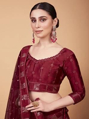 Red Sequins And Thread Embroidered Silk Lehenga Choli 2