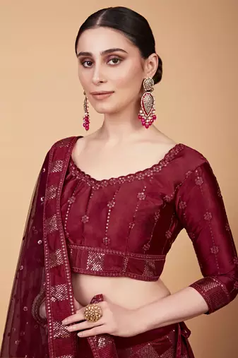 Red Sequins And Thread Embroidered Silk Lehenga Choli
