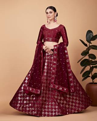 Red Sequins And Thread Embroidered Silk Lehenga Choli 3