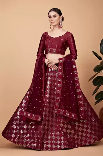 Red Sequins And Thread Embroidered Silk Lehenga Choli