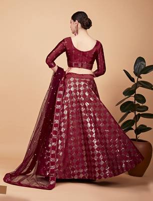 Red Sequins And Thread Embroidered Silk Lehenga Choli 4