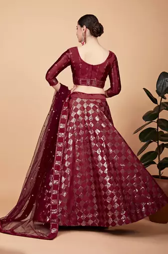 Red Sequins And Thread Embroidered Silk Lehenga Choli