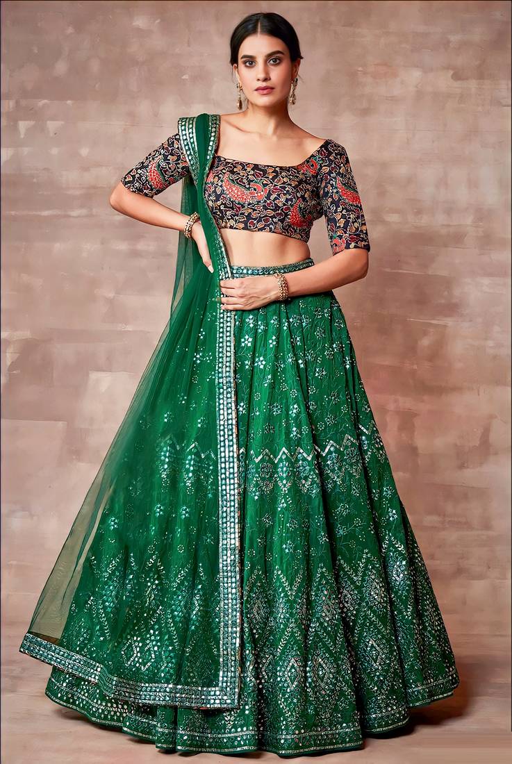 Enchanting Dark-Green Sequins Embroidred Organza Designer Lehenga choli for wedding