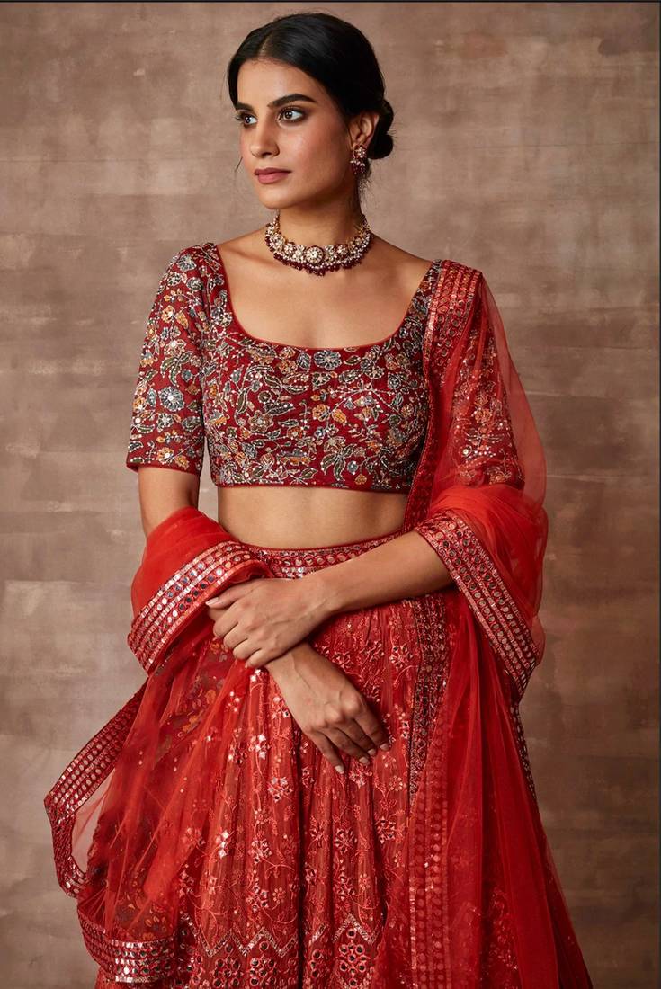 Glamorous Red Sequins Embroidred Organza Designer Lehenga Choli for Bride