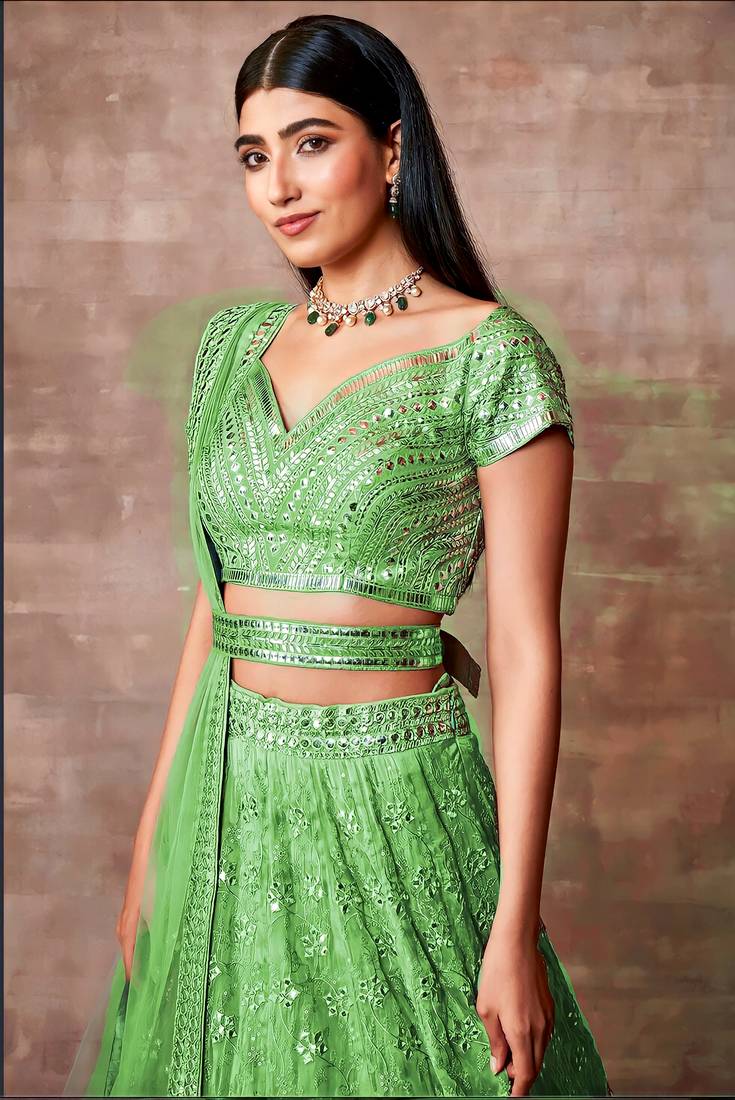 Matching Perrot-Green Sequins Embroidred Organza Bridal Lehenga for wedding