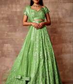 Matching Perrot-Green Sequins Embroidred Organza Bridal Lehenga for wedding