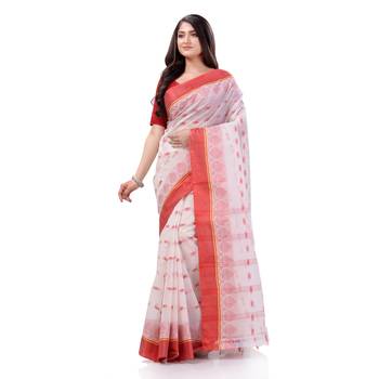 Desh Bidesh Women`S Traditional Tant Pure Cotton Handloom Saree Lalkamal Design Without Blouse Piece (Red White) 1