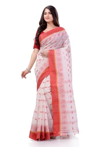 Desh Bidesh Women`S Traditional Tant Pure Cotton Handloom Saree Lalkamal Design Without Blouse Piece (Red White)