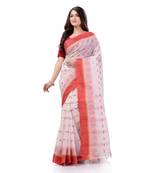 Desh Bidesh Women`S Traditional Tant Pure Cotton Handloom Saree Lalkamal Design Without Blouse Piece (Red White)