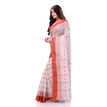 Desh Bidesh Women`S Traditional Tant Pure Cotton Handloom Saree Lalkamal Design Without Blouse Piece (Red White) 2