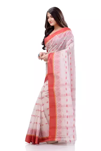 Desh Bidesh Women`S Traditional Tant Pure Cotton Handloom Saree Lalkamal Design Without Blouse Piece (Red White)