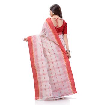 Desh Bidesh Women`S Traditional Tant Pure Cotton Handloom Saree Lalkamal Design Without Blouse Piece (Red White) 3