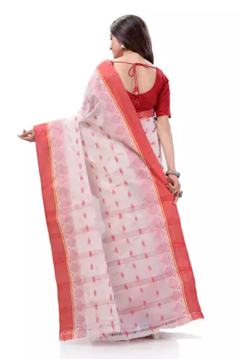 Desh Bidesh Women`S Traditional Tant Pure Cotton Handloom Saree Lalkamal Design Without Blouse Piece (Red White)
