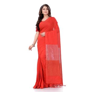 Red Woven Cotton Saree Without Blouse 1