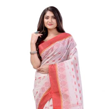 Desh Bidesh Women`S Traditional Tant Pure Cotton Handloom Saree Lalkamal Design Without Blouse Piece (Red White) 4