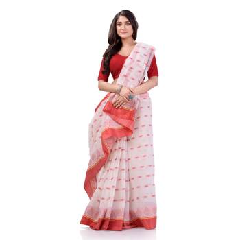 Desh Bidesh Women`S Traditional Tant Pure Cotton Handloom Saree Lalkamal Design Without Blouse Piece (Red White) 5