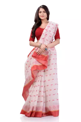 Desh Bidesh Women`S Traditional Tant Pure Cotton Handloom Saree Lalkamal Design Without Blouse Piece (Red White)
