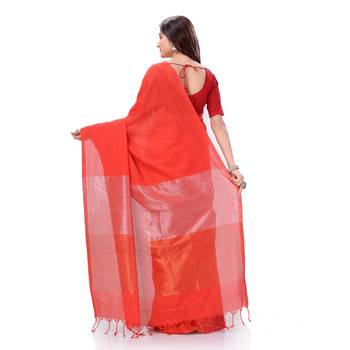 Red Woven Cotton Saree Without Blouse 3