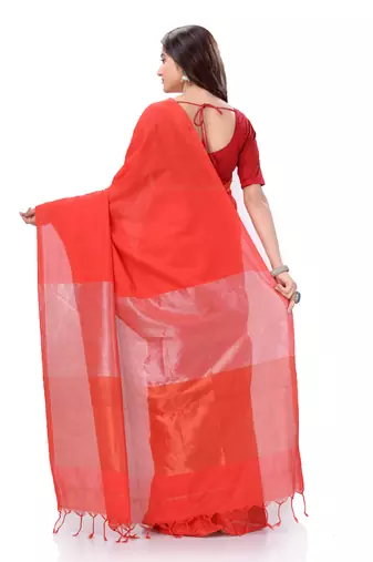 Red Woven Cotton Saree Without Blouse