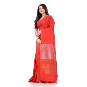 Red Woven Cotton Saree Without Blouse 4