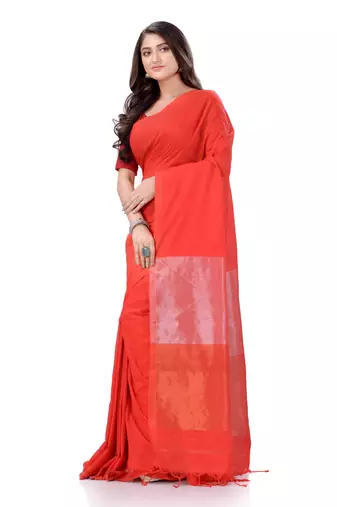 Red Woven Cotton Saree Without Blouse