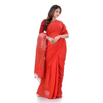 Red Woven Cotton Saree Without Blouse 5