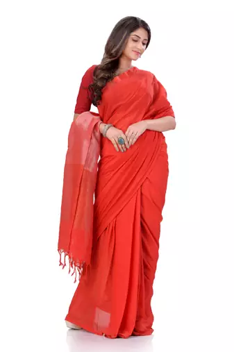 Red Woven Cotton Saree Without Blouse