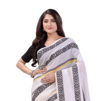 White woven cotton saree with blouse 4
