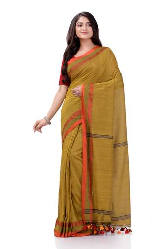 Olive woven cotton saree with blouse