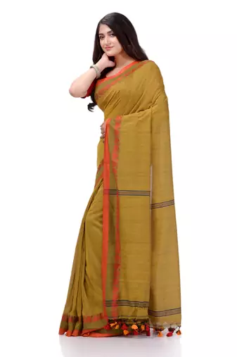 Olive woven cotton saree with blouse