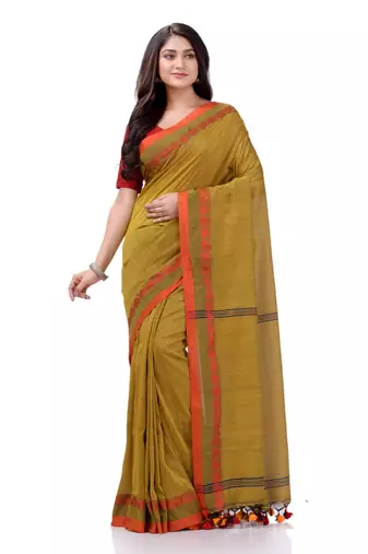 Olive woven cotton saree with blouse