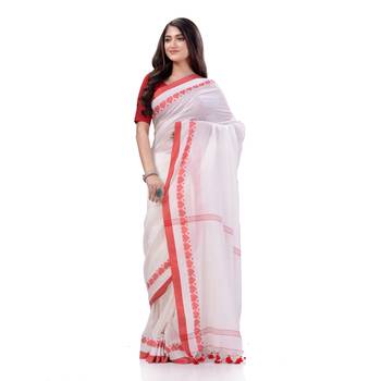 White woven cotton saree with blouse 5