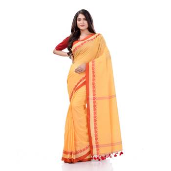 Yellow woven cotton saree with blouse 5