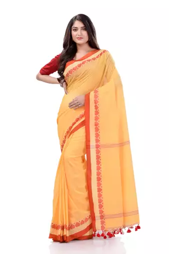 Yellow woven cotton saree with blouse