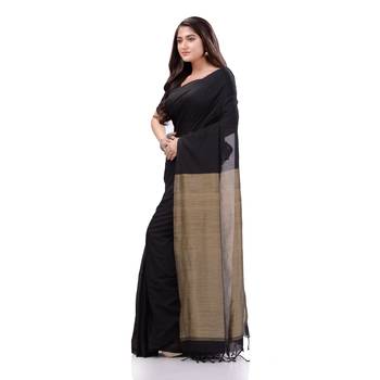 Black Woven Cotton Saree Without Blouse 4