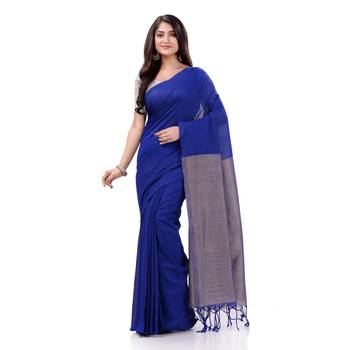 Blue Woven Cotton Saree Without Blouse 1