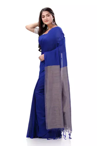 Blue Woven Cotton Saree Without Blouse
