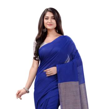 Blue Woven Cotton Saree Without Blouse 4