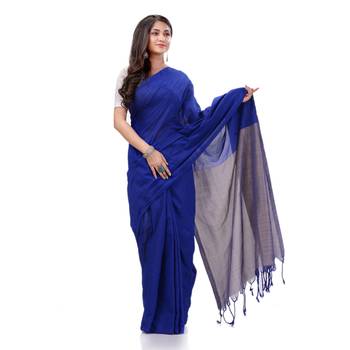 Blue Woven Cotton Saree Without Blouse 5