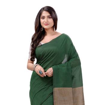 Green Woven Cotton Saree Without Blouse 4