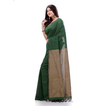 Green Woven Cotton Saree Without Blouse 5