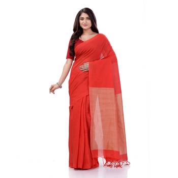 Red Woven Cotton Saree Without Blouse 1