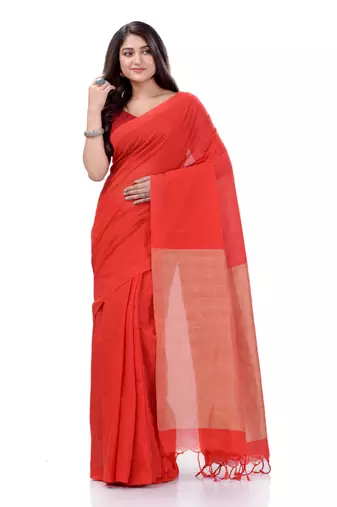 Red Woven Cotton Saree Without Blouse