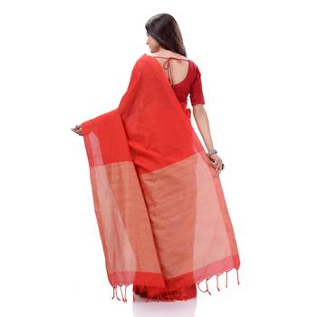 Red Woven Cotton Saree Without Blouse 3