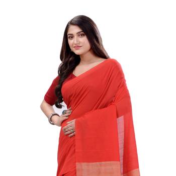 Red Woven Cotton Saree Without Blouse 4