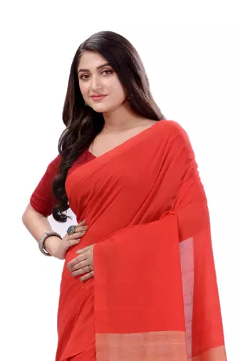 Red Woven Cotton Saree Without Blouse