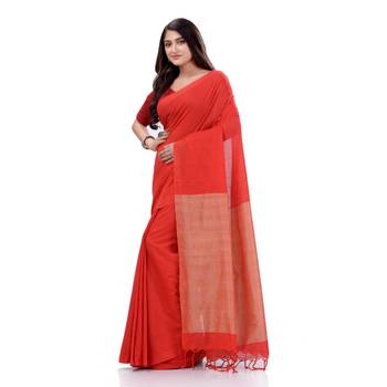 Red Woven Cotton Saree Without Blouse 5