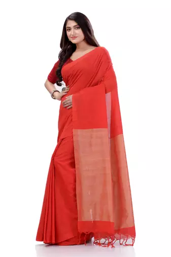 Red Woven Cotton Saree Without Blouse